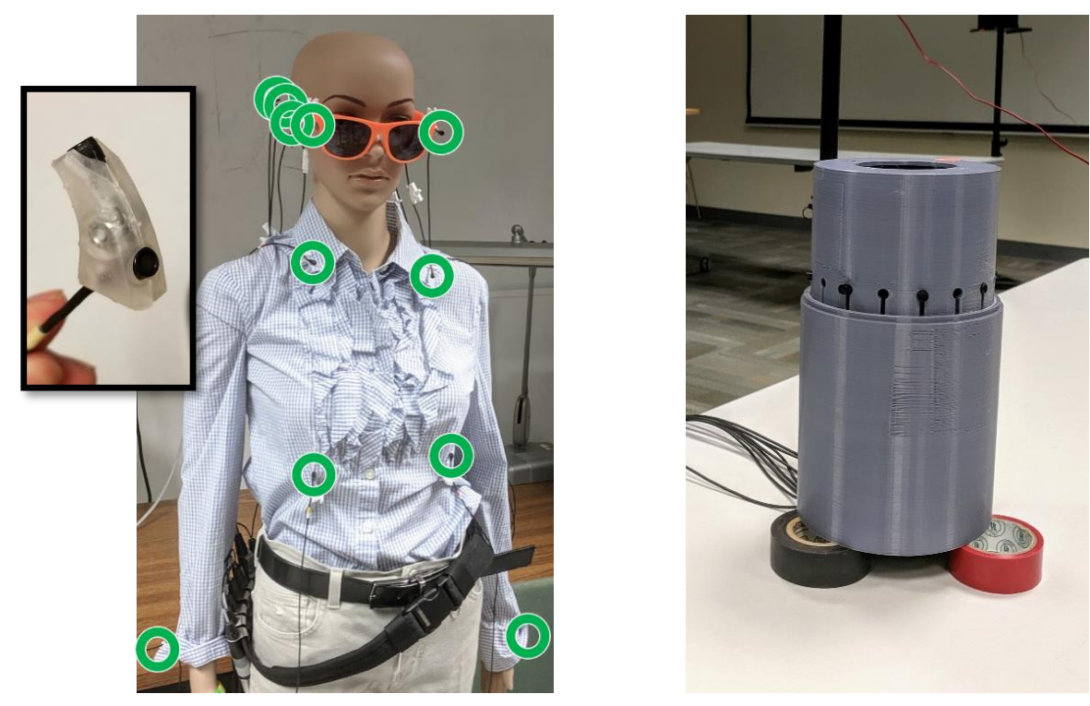 Mannequin with microphones and 3D-printed tabletop array enclosure