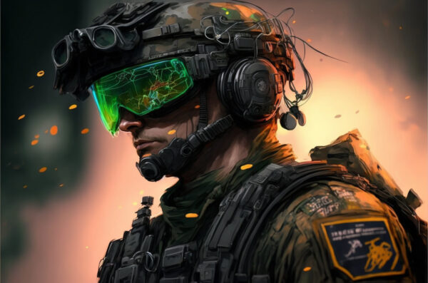 Soldier wearing a headset with many sensors